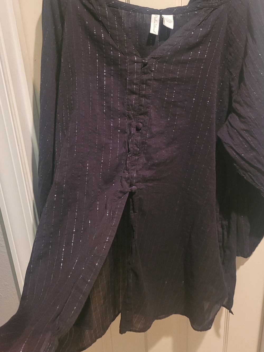 Women’s Black Button-Front Shirt with Subtle Metallic Pinstripes